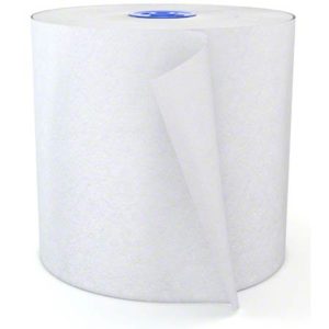 A T116 SIGNATURE 7.5" PREMIUM WHITE TAD HAND TOWEL roll, measuring 775 feet per roll and sold in cases of six, with one sheet partially unspooled to reveal the texture and thickness of the premium paper.