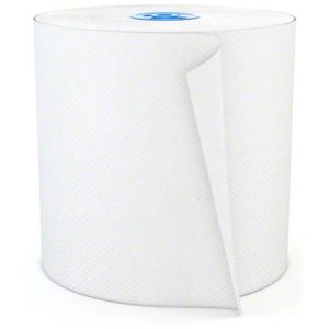 A large roll of T220 PERFORM 7.5" Premium Ultra White Hand Towel, featuring a partially unrolled sheet, set against a white background.