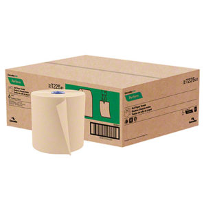 A cardboard box labeled "T225 PERFORM 7.5" PREMIUM NATURAL HAND TOWEL - 1050'/roll, 6 rolls/case" with an image of a hanging paper towel. An individual paper towel roll is positioned in front of the box.