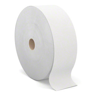 Large white industrial roll of T320 PERFORM 2 PLY WHITE JUMBO TOILET TISSUE with one segment partially unrolled.