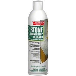 A 17oz can of Stone Countertop Cleaner & Protector is designed for both sealed and unsealed natural stone surfaces. The can features a white cap and a label with detailed product information.