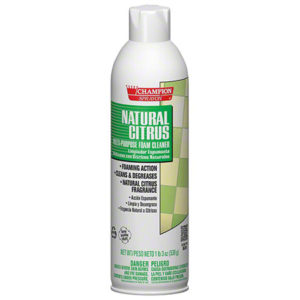 A can of NATURAL CITRUS FOAMING ALL PURPOSE CLEANER with a green label, featuring foaming action and a natural citrus fragrance, designed to clean and degrease.