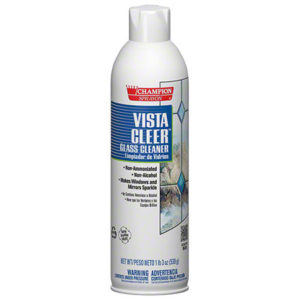 A 20oz spray can of Vista Cleer Glass Cleaner without ammonia, labeled in both English and Spanish, for cleaning windows and mirrors.