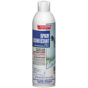 A can of Sprayon Spray Disinfectant Formula 3, 16.5oz aerosol. The label indicates it kills most germs, eliminates odors, and prevents mold & mildew. White can with a blue and red label and a white cap.