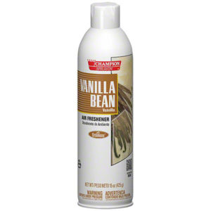 A 15 oz. can of VANILLA BEAN AIR FRESHENER (product number 5174), with a cream and brown label, featuring a vanilla bean graphic and product details in both English and Spanish.