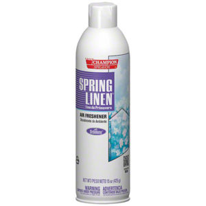 A white can of SPRING LINEN AIR FRESHENER, 15 oz, featuring the On Air logo. The front label showcases a close-up image of floral patterns along with product information in both English and Spanish.