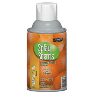 An aerosol can of ORANGE SUN METERED TIMEMIST AIRFRESHENER, providing a 30-day supply, with a net weight of 7 oz (198 g).