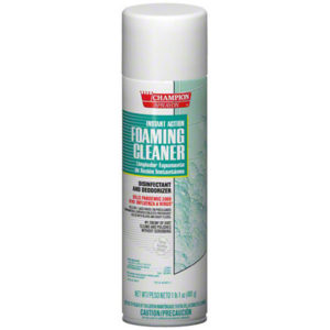 A can of SPRAYPAK Foaming Cleaner / Disinfectant, available in 17oz aerosols and packaged 12 per case, features disinfectant and deodorizer properties with instructions and precautionary statements provided in both English and Spanish.