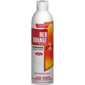 A can of RED ORANGE AIR FRESHENER featuring an Orange Peel, Clove, and Cinnamon scent, with a net weight of 15 oz (425 g).