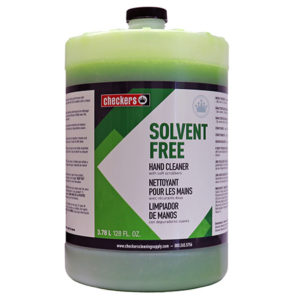 A 128 fl. oz. container of Tri-County Solvent Free Pumice Hand Cleaner with pumice scrubbers. The label includes descriptions in English, French, and Spanish. The liquid is light green.