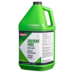 A green, 1-gallon container of Checkers Solvent Free Pumice Hand Soap, labeled in English, French, and Spanish.