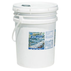 A white 5-gallon bucket labeled "EX-PLUS ALL PURPOSE CLNR/DGRSR" features a carrying handle and a screw-on lid with a small vent cap.