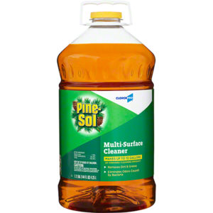 A 144-ounce bottle of PINE-SOL Liquid Cleaner/Disinfectant/Deodorizer. The label is green and yellow with white text, featuring pine cones and cleaning features.