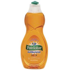 A 20-ounce bottle of Palmolive Ultra Antibacterial dish soap, featuring an orange liquid and a green flip-top cap. The label highlights "Ultra Antibacterial" and claims it "Cleans to a sparkling shine." This product is available in cartons containing nine bottles.