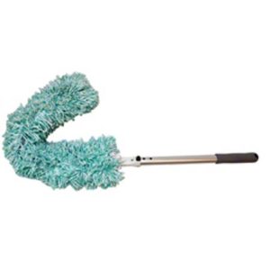 The COMPLETE FLEXDUSTER WAND with a 12" handle grip and Flexwave head is a flexible green duster with a padded handle on an extended silver rod, designed for cleaning hard-to-reach areas.