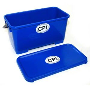 A CPI BLUE 6 GALLON WINDOW BUCKET with the CPI logo, along with its matching lid also bearing the same logo, placed in front of it.