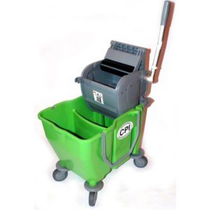 A DIVIDED MOP BUCKET ROLLERCOMBOFOR MICROFIBER SYSTEM (GREEN) with a built-in wringer and handle, mounted on four wheels for mobility.