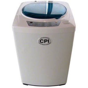 A white top-loading SMARTCLEAN AUTOMATIC WASHER with a control panel featuring buttons and a small display. It has a logo that includes the letters "CPI.