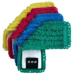 Five vibrant CPI WAVE TAB RED microfiber mop pads are stacked, featuring a mix of stunning yellow, red, blue, and green pads with looped edges and convenient Velcro attachments.