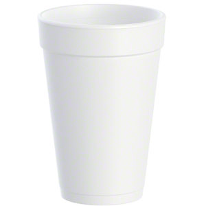 A 16oz styrofoam drinking cup from a case of 500 is shown against a white background. The plain, white cup features a slightly tapered shape with a thicker rim near the top.