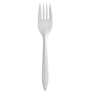 A medium weight white plastic fork, made from flexible polypropylene with three tines.