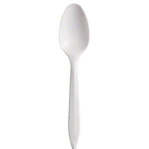 A medium-weight white plastic spoon featuring a smooth, rounded bowl and a simple, straight handle.