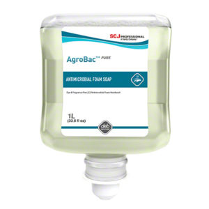 Image of a 1-liter container of ANTIBAC FH AGROBAC PURE FOAM ANTI-BACTERIAL HAND SOAP from SC Johnson Professional. The transparent container features a white label displaying product details and has a dispensing nozzle at the bottom.