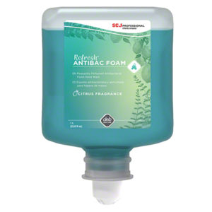 The product is a clear soap dispenser labeled "DEB Refresh Antibac Foam," featuring a citrus fragrance and designed for antibacterial purposes. It contains 1 liter of liquid and is produced by SCJ Professional.