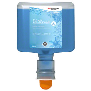 A 1.2L bottle of DEB Refresh Azure Foam handwash with a blue label and orange nozzle.