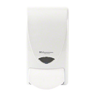 DISP DEB 1 Liter White Curve Touchless Soap Dispenser with DEB Logo mounted on a wall.