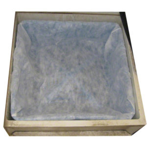 A DRAINSAVER REPLACEMENTFILTER 5/PK, a rectangular metal container lined with a translucent blue plastic sheet.