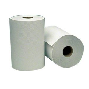 Two rolls of RT 126001 EMPRESS 8" white roll towels, one standing upright and the other lying on its side.