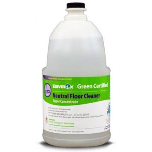 A one-gallon bottle of Envirox Neutral Floor CleanerHyper Concentrate, certified as environmentally friendly for all types of flooring. The label indicates it causes eye irritation and includes usage instructions.