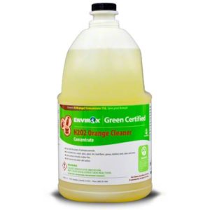 A 5-liter jug of ENVIROX GREEN CERTIFIED H202ORANGE CLEANER CONCENTRATE features detailed product information and safety warnings on the label.