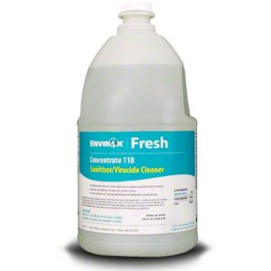 Image of a large plastic bottle labeled "ENVIROX 118 FRESH CONCENTRATE." The bottle contains disinfectant used for cleaning and sanitizing surfaces.