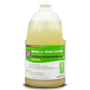 A bottle of ENVIROX GROUT SAFE GREEN CERTTILE & GROUT RENOVATOR with a label that includes safety and usage information.