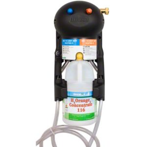 The DISP ENVIROX E2B2 FOR GREENCERTIFIED H202 ORANGE CLEANER includes two control knobs, one blue and one red, on top and has plastic tubing connected at the bottom.