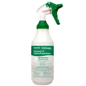 A white spray bottle labeled "ENVIROX 117 H2ORANGE2 Light Dilution Spray Bottle & Trigger" with a green nozzle and cap.