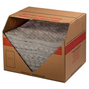 A cardboard box containing 15"x18" medium weight universal absorbent pads, with the side partially open to reveal the content of 100 pads inside.