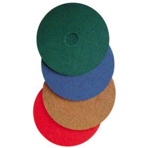 15" GREEN SCRUBBING FLOOR PADS, BLUE, BROWN, AND RED - SET OF FOUR CIRCULAR SANDING DISCS.