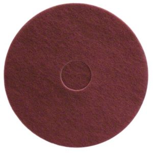 A 20" circular Enviro Strip & Top Scrub maroon floor pad with a smaller hole in the center.