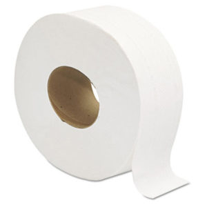 A large, white M29 MORCON 2 Ply Jumbo Toilet Tissue roll with a brown cardboard core, partially unrolled, is depicted against a plain background.