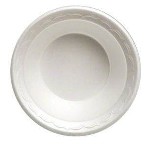 A white disposable laminated styrofoam bowl with a simple embossed pattern around the edge, holds 12 ounces, and comes in a case of 1000.