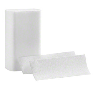 A stack of HT 400011 EMPRESS TAD White Multi-Fold Towels, with two sheets pulled out and partially unfolded, displayed on a white background.