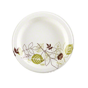 A white 10" ultra-strong paper plate with a green and brown leaf pattern, poly-coated for durability.