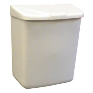 A RECEPTACLE SANI white plastic rectangular trash can measuring 9.5" W x 8.25" L x 4" D, featuring a slightly sloped, hinged lid.