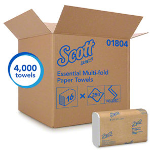 A large cardboard box labeled "01804 Scott White Multi-Fold Towels" contains 16 packs of 250 folded towels each, totaling 4,000 towels. A single unfolded pack is displayed in front.