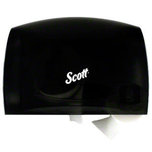 A smoke-colored wall-mounted coreless toilet tissue dispenser with the product name "DISP TOILET TISSUE CORELESS JRT W/ STUB ROLL" on the front. A roll of toilet tissue is partially dispensed at the bottom.