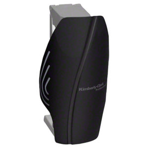 A wall-mounted black Kimberly-Clark continuous air freshener dispenser with a modern design.