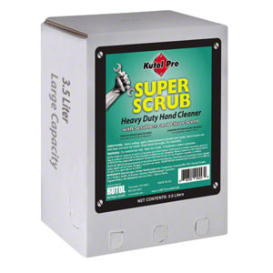 Introducing the SUPER-SCRUB 3.5L PUMICE SOAP2/CS, a heavy-duty hand cleaner with a 3.5-liter capacity box, highlighted for its effective scrubbing properties and refreshing citrus scent.